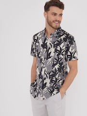 Threadbare Black Leaf Print Revere Collar Short Sleeve Shirt - Image 1 of 4