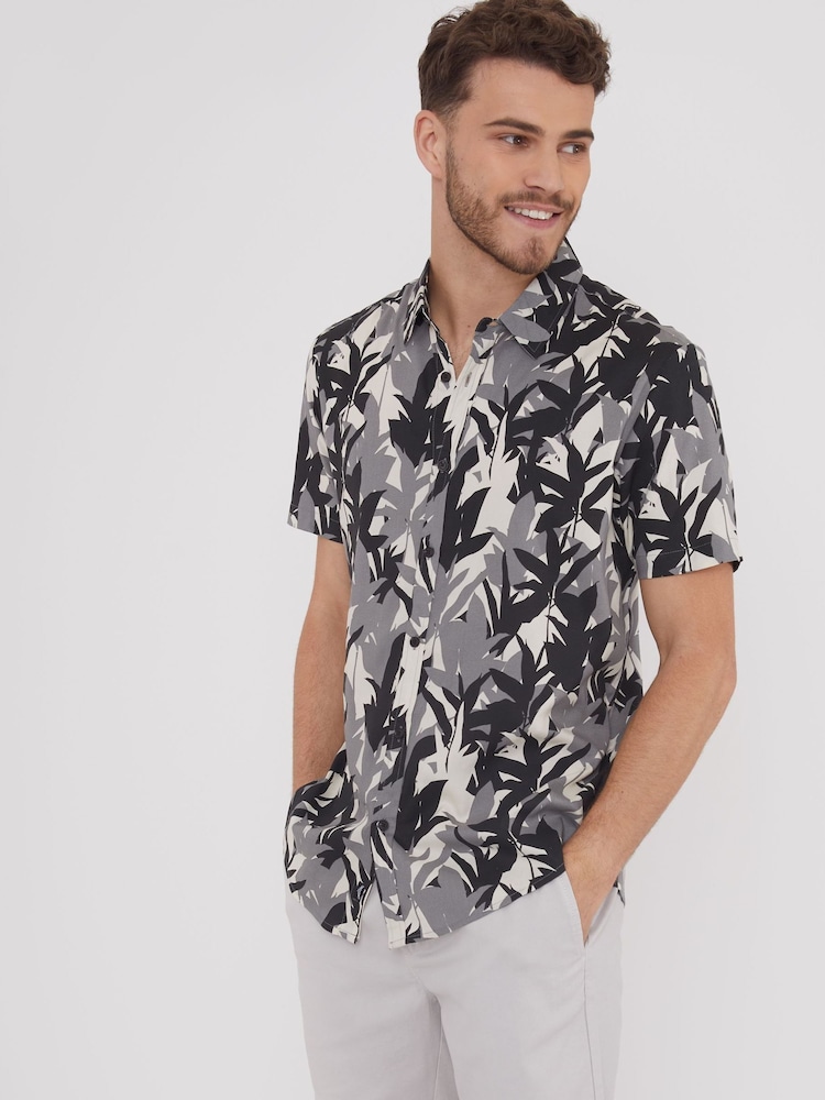 Threadbare Black Leaf Print Revere Collar Short Sleeve Shirt - Image 1 of 4