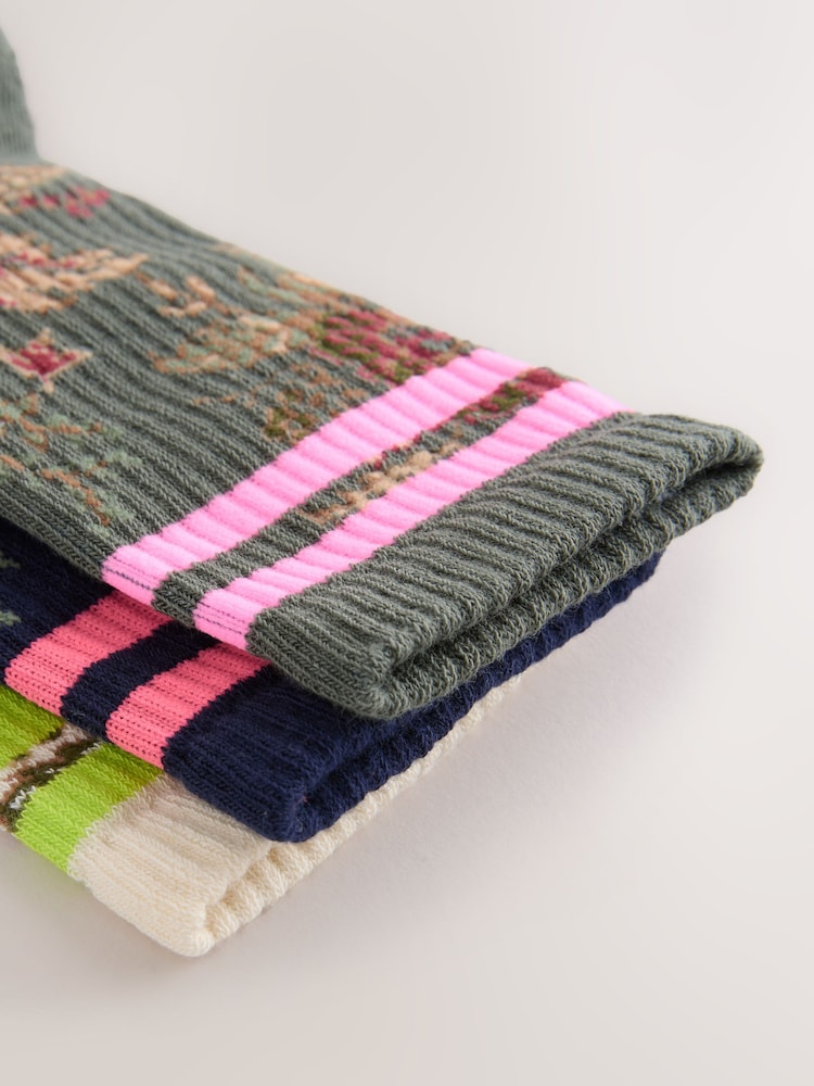 Tapestry Floral/Fluro Cushion Sole Ribbed Sport Ankle Socks With Arch Support 3 Pack - Image 6 of 6