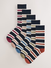Blue/Ecru Striped Cushioned Sole Comfort Socks 5 Pack - Image 1 of 8