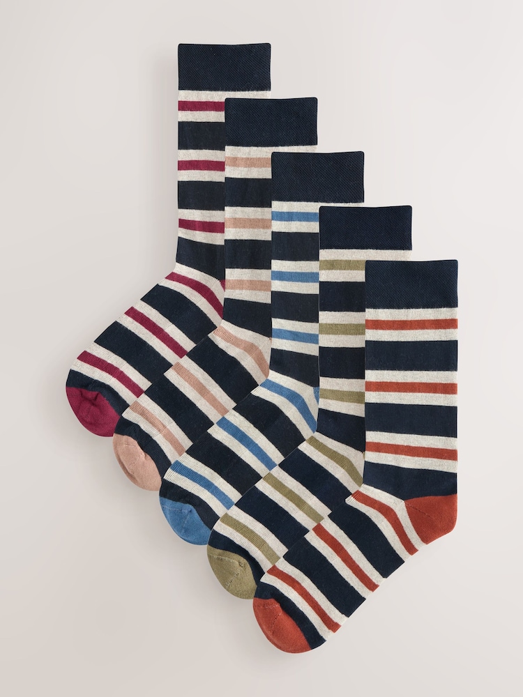 Blue/Ecru Striped Cushioned Sole Comfort Socks 5 Pack - Image 1 of 8