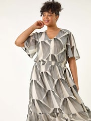 Roman Grey Curve Abstract Button Detail Midi Dress - Image 1 of 5
