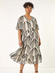 Roman Grey Curve Abstract Button Detail Midi Dress - Image 2 of 5