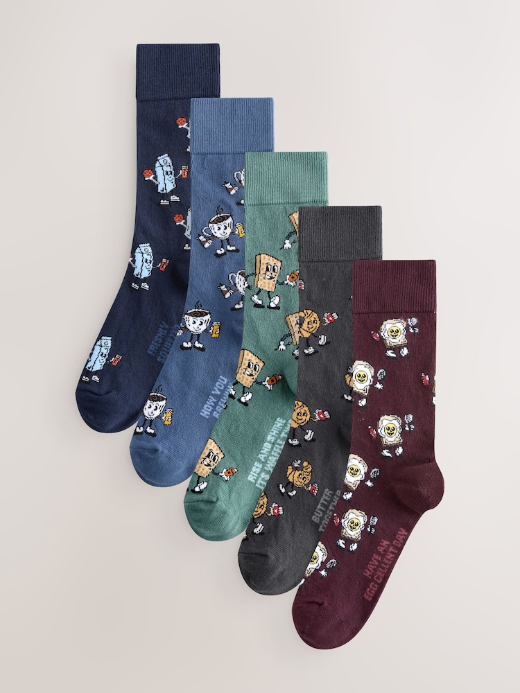 Blue/Green/Red Breakfast Conversational Pattern Socks 5 Pack - Image 1 of 8