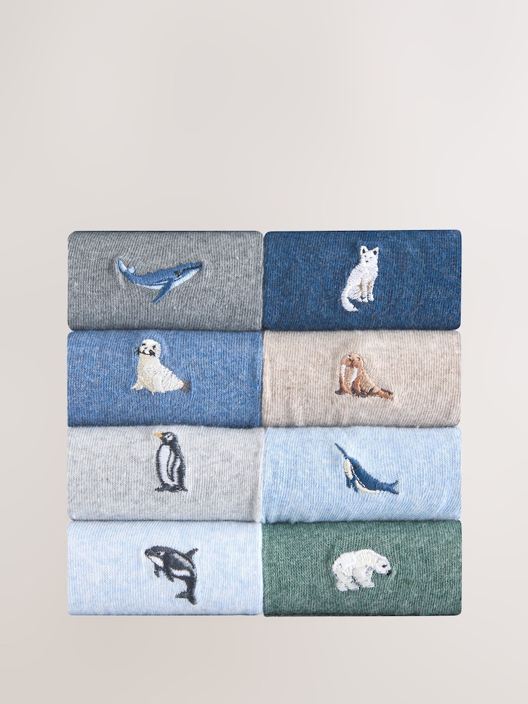 Grey/Blue Twisted Arctic Animal Embroidered Socks 8 Pack - Image 1 of 11