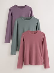 Purple/Teal/Pink Long Sleeve Ribbed Crew Neck T-Shirts 3 Pack - Image 1 of 6