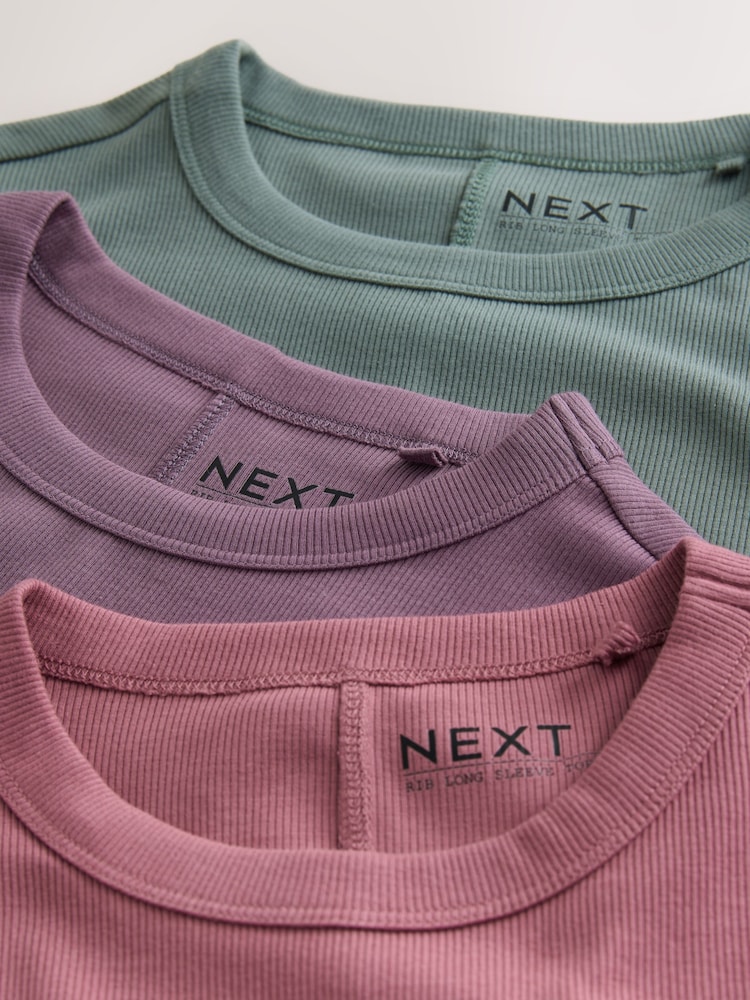 Purple/Teal/Pink Long Sleeve Ribbed Crew Neck T-Shirts 3 Pack - Image 6 of 6