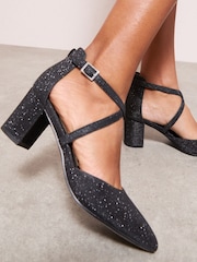 Friends Like These Black Glitter Standard Fit Block Heel Cross Strap Court Shoes - Image 1 of 5