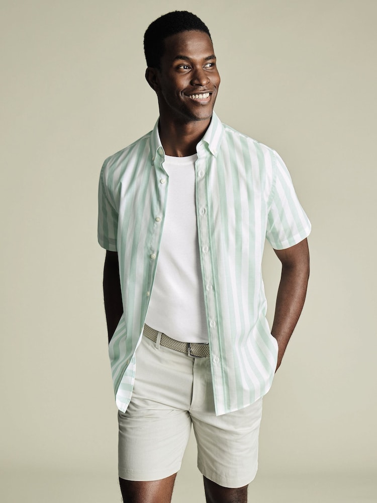 Charles Tyrwhitt Green Slim Fit Wide Stripe Non-iron Stretch Poplin Slub 100% Cotton Shirt - Image 1 of 5