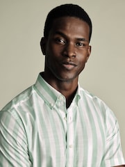Charles Tyrwhitt Green Slim Fit Wide Stripe Non-iron Stretch Poplin Slub 100% Cotton Shirt - Image 2 of 5