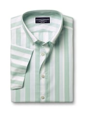 Charles Tyrwhitt Green Slim Fit Wide Stripe Non-iron Stretch Poplin Slub 100% Cotton Shirt - Image 3 of 5