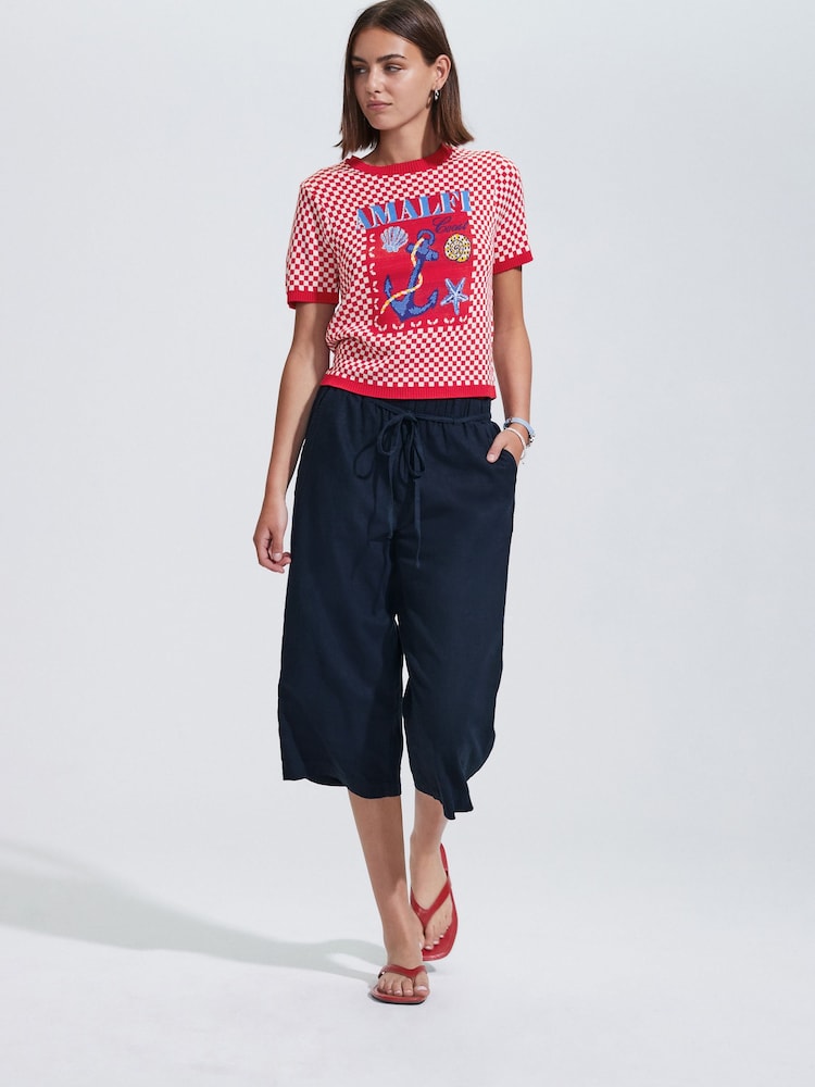 Navy Tie Waist Linen Blend Culottes - Image 1 of 7