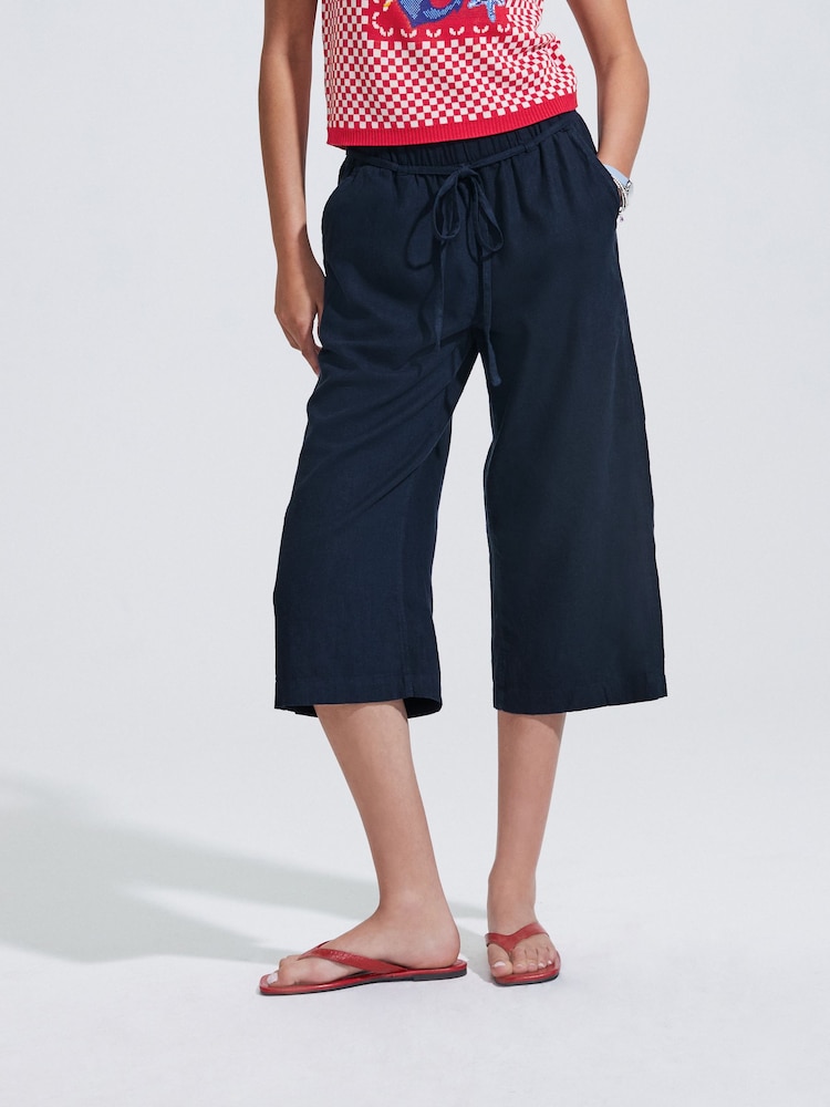 Navy Tie Waist Linen Blend Culottes - Image 2 of 7