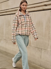 Pink/ Ecru Check Soft Touch Cosy Teddy Borg Quarter Zip Fleece - Image 3 of 10