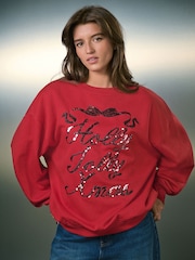 أحمر - Sequin Holly Jolly Christmas Graphic Long Sleeve Sweatshirt - صورة 3 من 8
