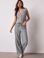 Grey Tie Waist Wide Leg Trousers with Wool - Image 4 of 8