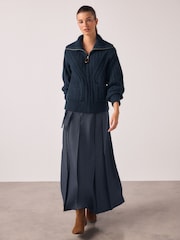 Navy Belted Denim Look Midi Kilt - Image 1 of 8
