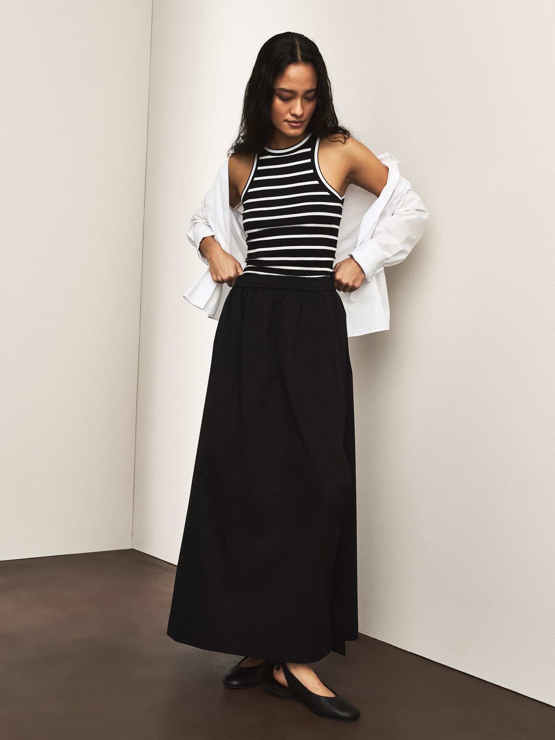 Buy Black Elastic Waist Cotton Blend Midi Skirt from the Next UK
