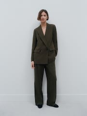 Khaki Green Crosshatch Elastic Waist Wide Leg Trousers - Image 1 of 8