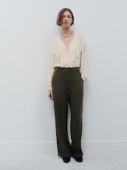 Khaki Green Crosshatch Elastic Waist Wide Leg Trousers - Image 2 of 8