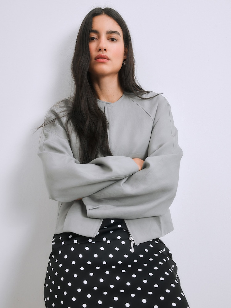 Grau - Kragenlose Bomberjacke aus Leinen - Bild 1 von 9