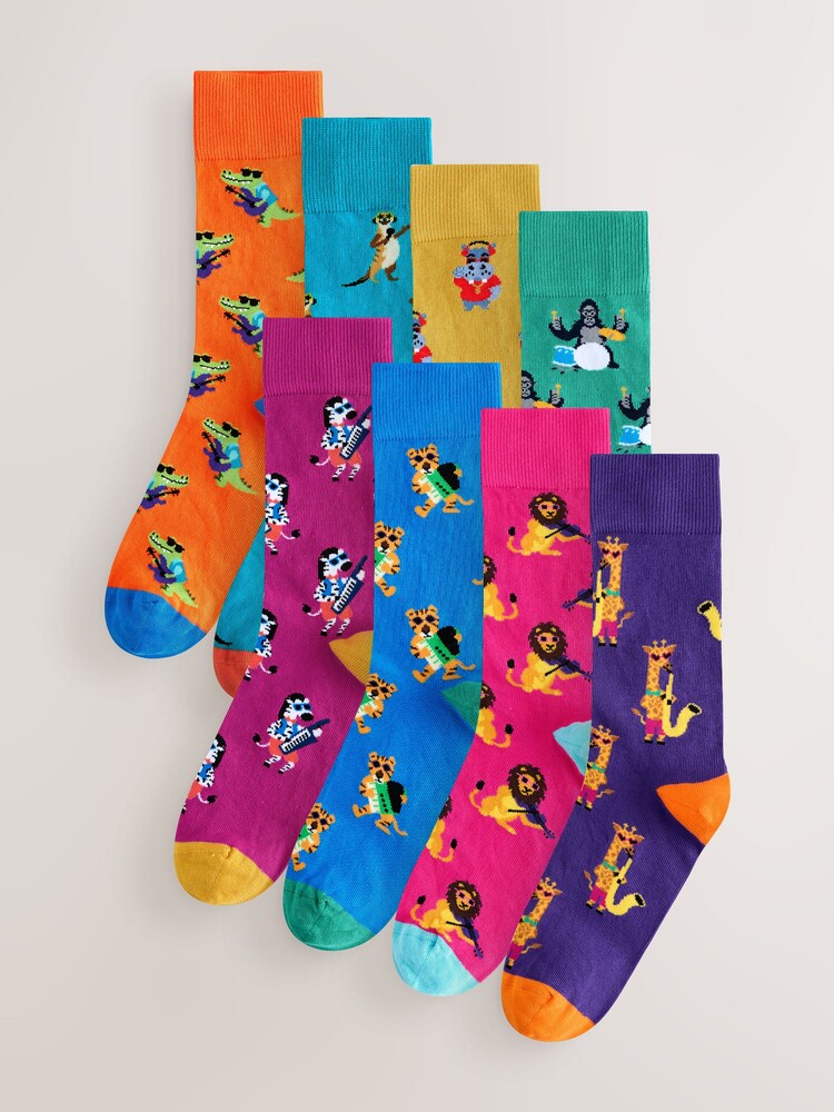 Bright Red/Orange/Blue Pattern Socks 8 Pack - Image 1 of 10