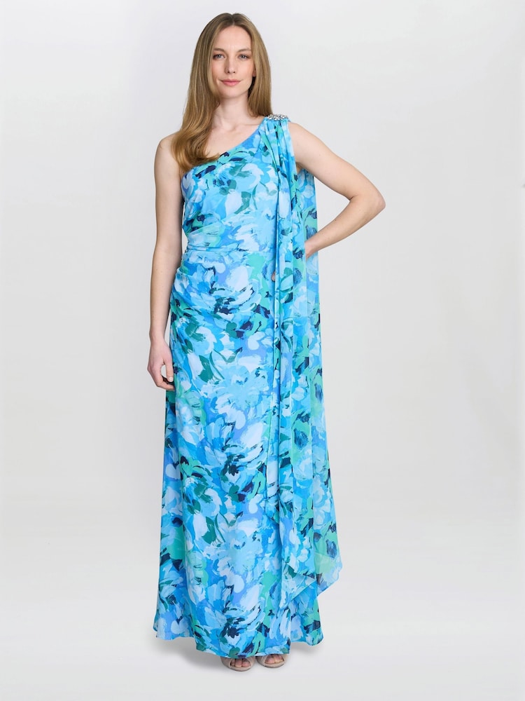 Gina Bacconi Blue Amelie Printed Chiffon Maxi Dress With Beaded Shoulder - Image 1 of 7