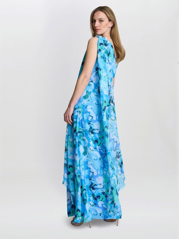 Gina Bacconi Blue Amelie Printed Chiffon Maxi Dress With Beaded Shoulder - Image 2 of 7