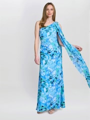 Gina Bacconi Blue Amelie Printed Chiffon Maxi Dress With Beaded Shoulder - Image 3 of 7