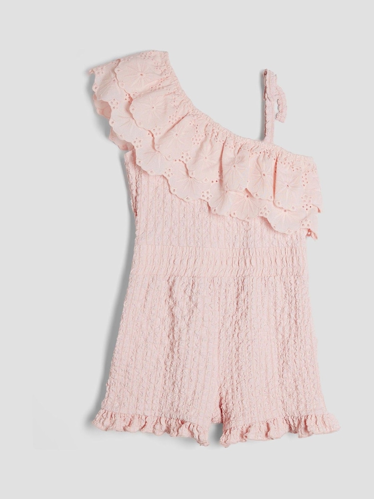 River Island Pink Girls Broderie Textured Playsuit - Image 2 of 4