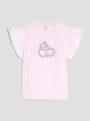River Island Pink Girls Frill Sleeve Embellished 100% Cotton T-Shirt - Image 1 of 2