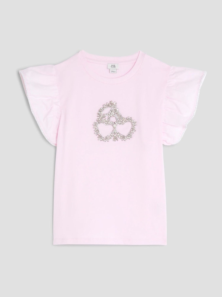 River Island Pink Girls Frill Sleeve Embellished 100% Cotton T-Shirt - Image 1 of 2