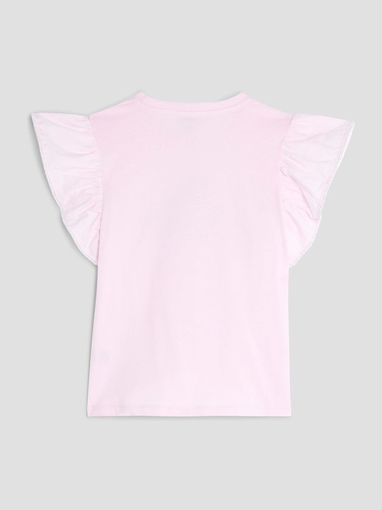 River Island Pink Girls Frill Sleeve Embellished 100% Cotton T-Shirt - Image 2 of 2