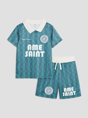 River Island Blue Boys Football 100% Cotton T-Shirt and Shorts Set - Image 1 of 5