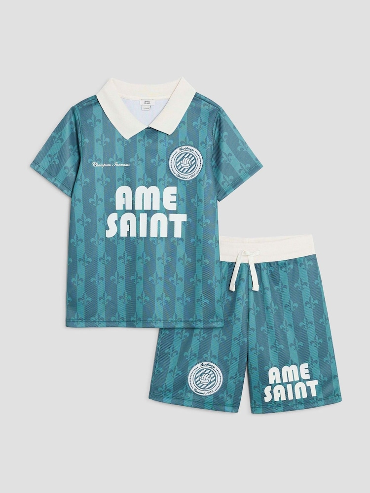 River Island Blue Boys Football 100% Cotton T-Shirt and Shorts Set - Image 1 of 5