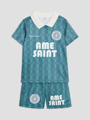 River Island Blue Boys Football 100% Cotton T-Shirt and Shorts Set - Image 3 of 5