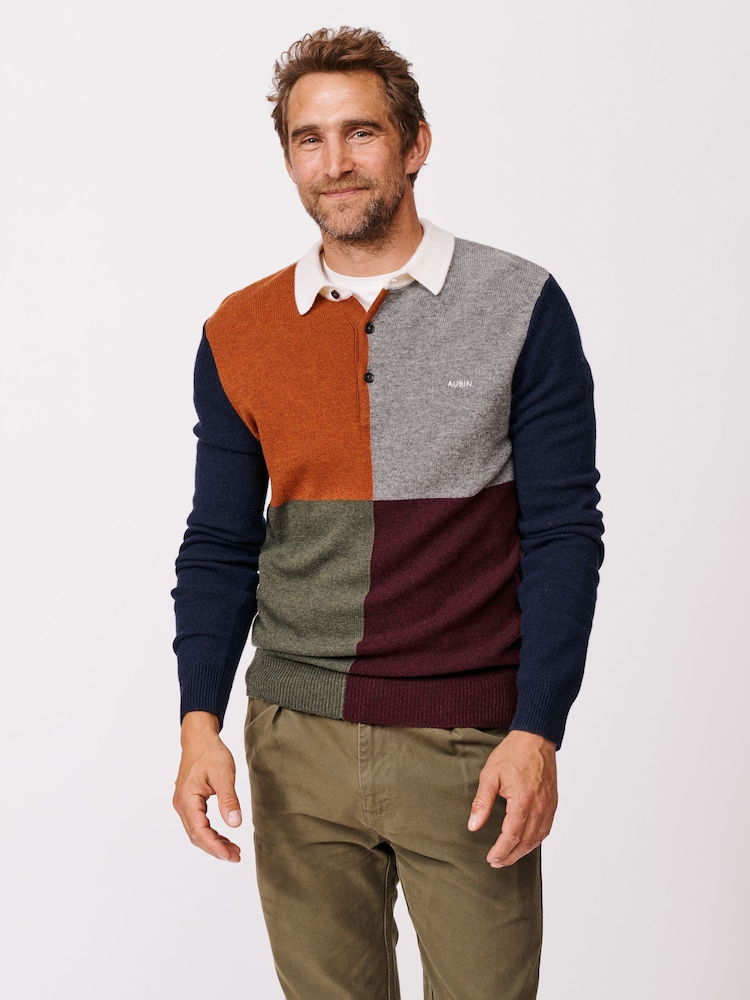 Aubin Grey Kendal Knitted Harlequin Rugby Jumper - Image 1 of 5