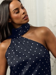 Dunkles Marineblau - Polka Dot Satin Halter Top - Bild 5 von 9