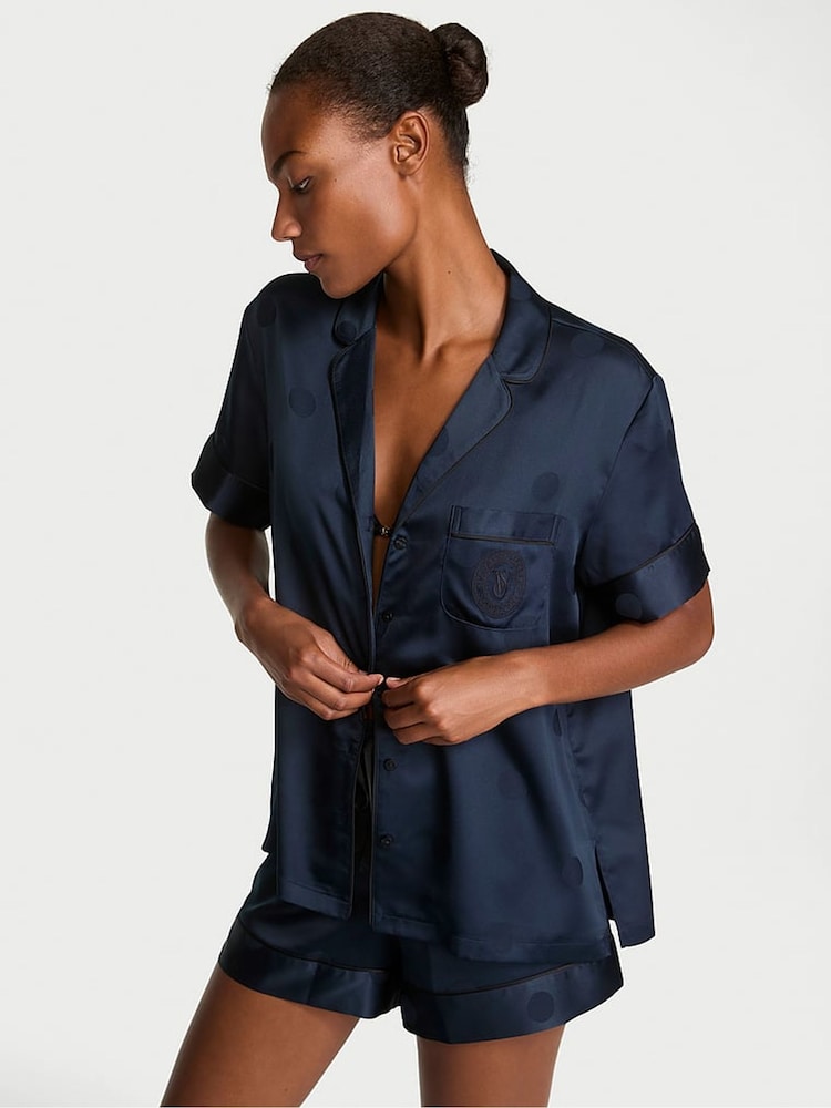 Victoria's Secret Dot Twilight Jacquard Blue Satin Short Pyjamas Set - Image 1 of 4 Victoria's Secret Dot Twilight Jacquard Blue Satin Short Pyjamas Set - Image 1 of 4