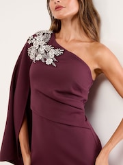 Lipsy Wine Petite Embellished Cape One Shoulder Mini Shift Dress - Image 2 of 4