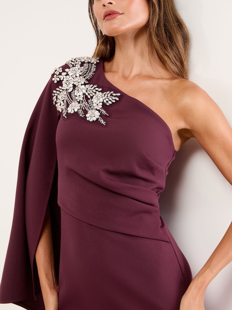 Lipsy Wine Petite Embellished Cape One Shoulder Mini Shift Dress - Image 2 of 4