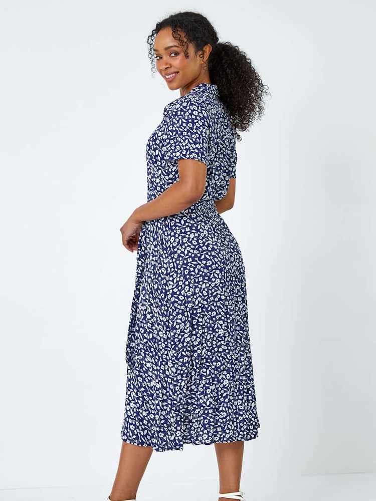 ditsy floral shirt dress Elegant Ditsy Floral Shirt Dress With Lapel Neckline And Short Sleeves In Linen Fabric For Casual Wear