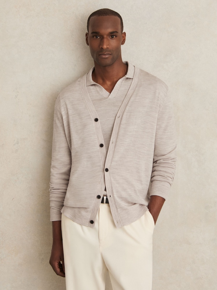 Reiss Wicker Brown Melange West Merino Wool Button Through Cardigan - Image 1 of 6