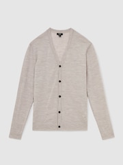 Reiss Wicker Brown Melange West Merino Wool Button Through Cardigan - Image 2 of 6