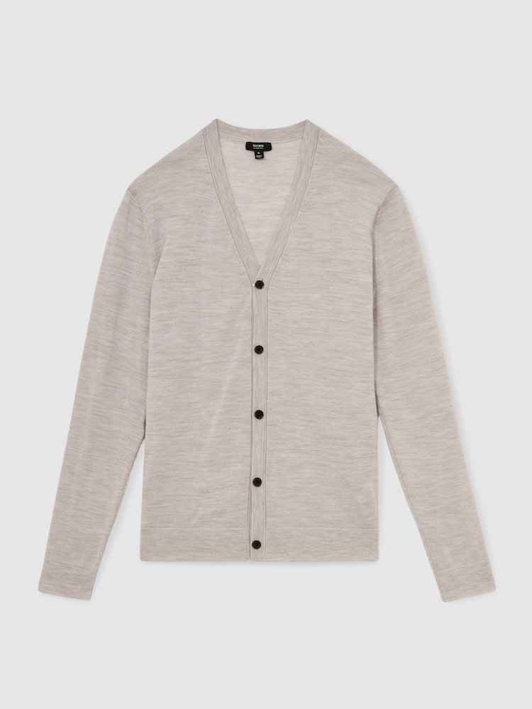 Reiss Wicker Brown Melange West Merino Wool Button Through Cardigan - Image 2 of 6
