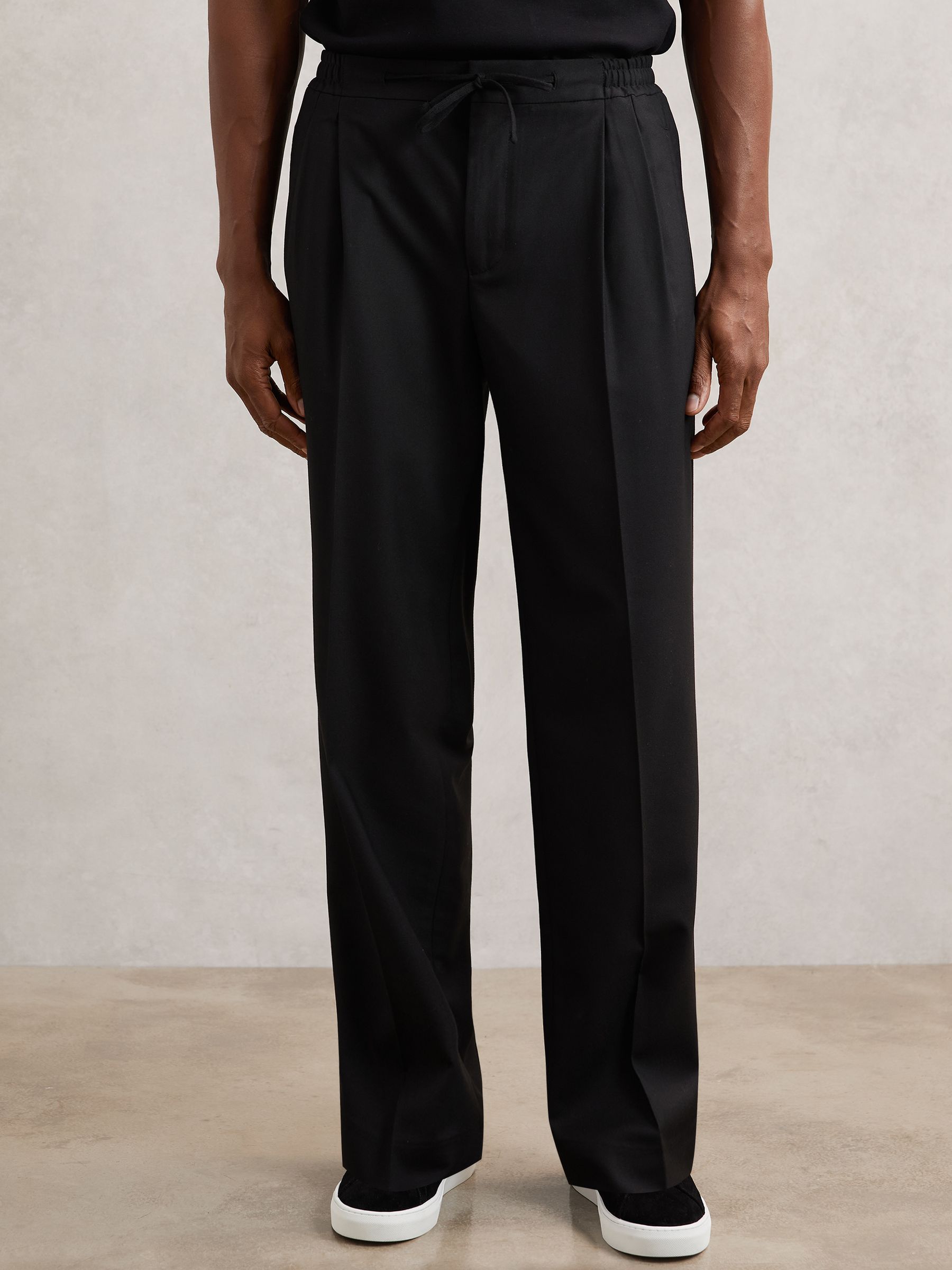Buy Reiss Black Arden Wide Leg Pleated Drawstring Trousers from