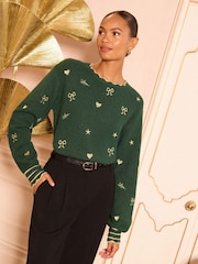 Love & Roses Forest Green Bow Embroidered Cosy Jumper - Image 1 of 4