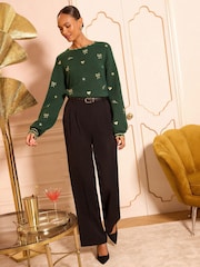 Love & Roses Forest Green Bow Embroidered Cosy Jumper - Image 3 of 4