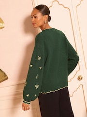 Love & Roses Forest Green Bow Embroidered Cosy Jumper - Image 4 of 4