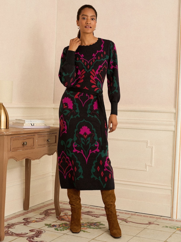 Love & Roses Black Floral Jaquard Knitted Midi Dress - Image 1 of 4